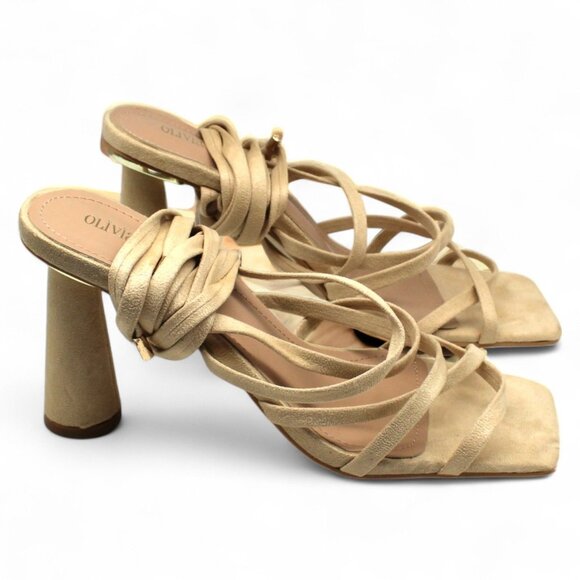 OLIVIA MILLER Womens Beige Strappy Nia Square Toe Flare Lace-up Dress Heeled San - Picture 5 of 6